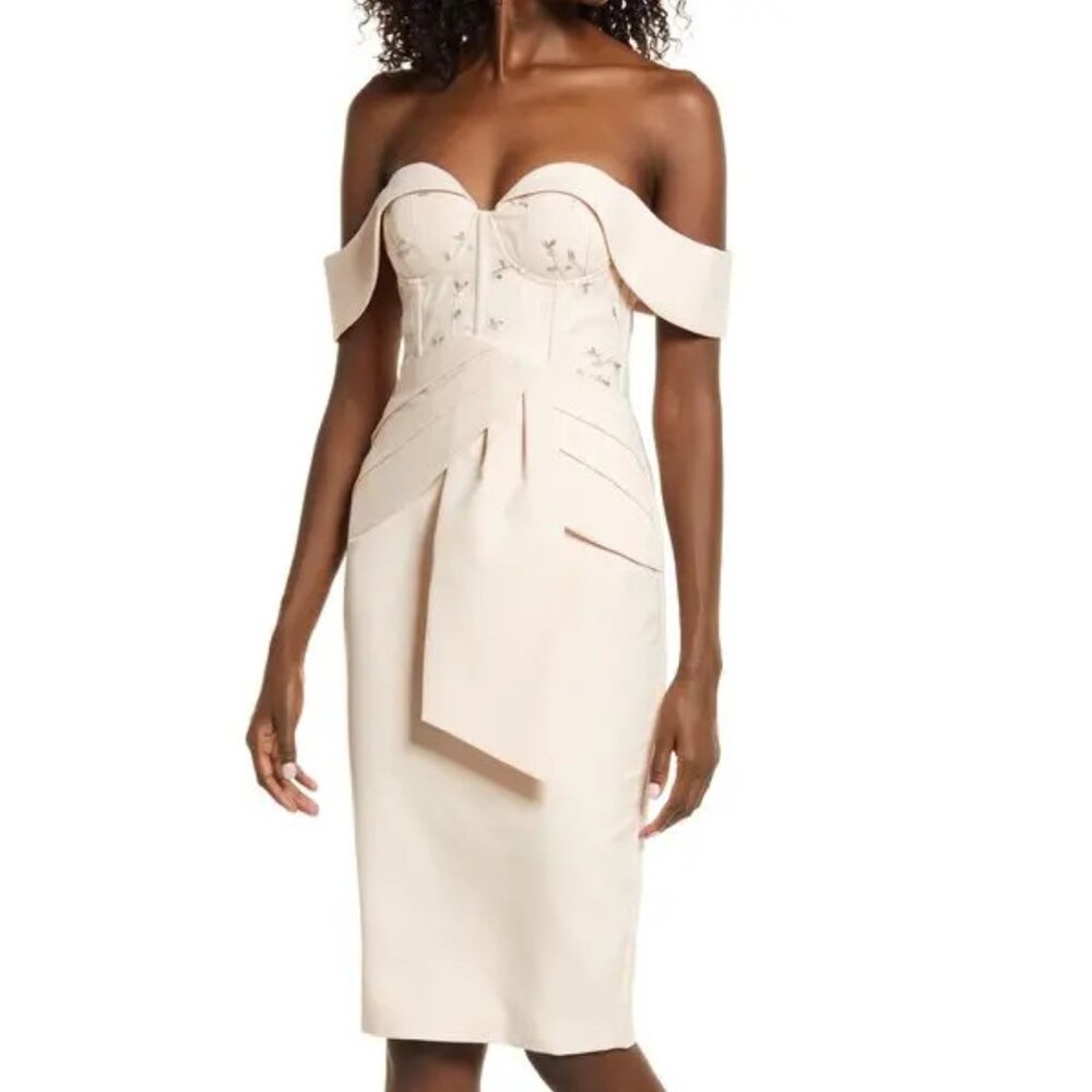 LAVISH ALICE  Bardot Embroidered Mesh Corset Dress - Champagne